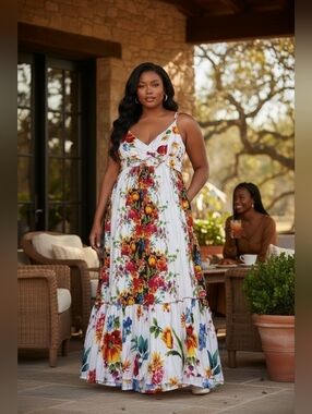 Me 2 Magic White Multicolor Floral Maxi Sundress Tiered Ruffle V-Neck Size L